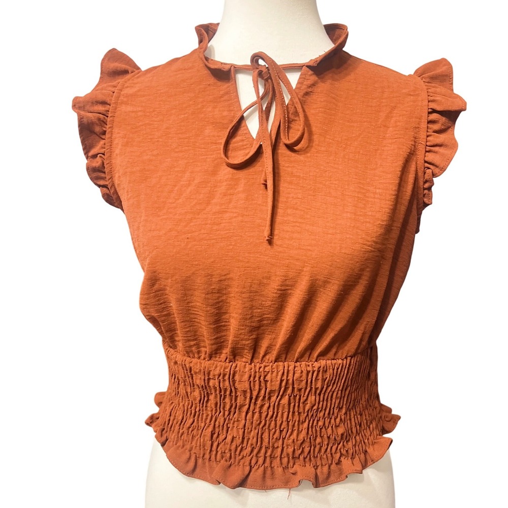 Paper Crane Rust‎ Orange Ruffle Smocked Peplum Blouse Dopamine Fun Womens Medium